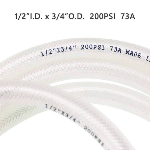 Close-up of Half Inch ID And Three Quarter Inch OD Ten Foot High Pressure Braided Clear PVC Vinyl Tubing Heavy Duty Reinforced Hose