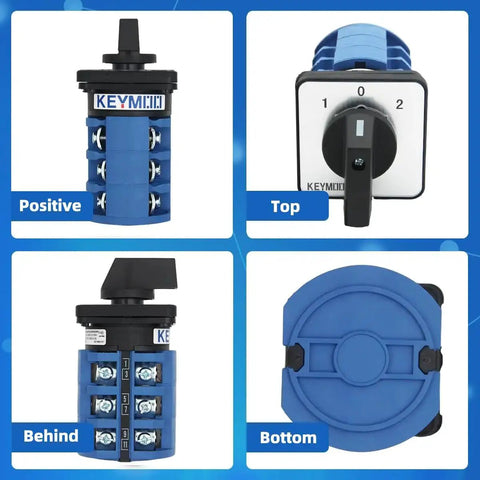 63A Rotary Change Over Switch With Copper Cable Connector 660V; front, top, rear, and bottom views of three-position cam switch