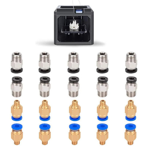 PC4-M6/PC4-M10 pneumatic push-to-connect fittings, 20pcs for 3D printer Bowden extruder, silver, brass with blue seals