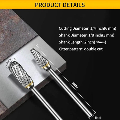 Close-up of Carbide Burr Set for Rotary Tools with Ten Pieces and One Eighth Inch Shank, Double Cut Pro Grade Rasp Bits details