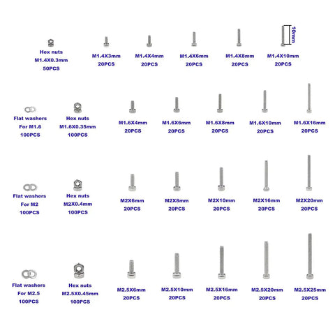Gearhead Grade 1050 Piece 304 Stainless Steel Knurl Socket Head Cap Screws Hex Nuts And Flat Washers Assortment Kit With Metric Sizes M1.4 M1.6 M2 And M2.5 For Quick Builds And Durable Hardware shown in rows by size.