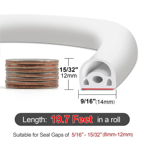 Close-up of New Upgrade 19.7 Ft Silicone Door Weather Stripping Seal for Doors and Windows with dimensions and coin stack.