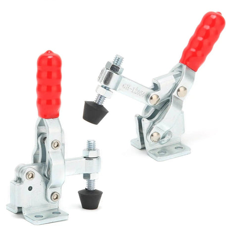 Quick Release Toggle Clamp For Drill Press And Woodworking Jigs And Fixtures Vertical Clamp shown with ergonomic red handle, side view.