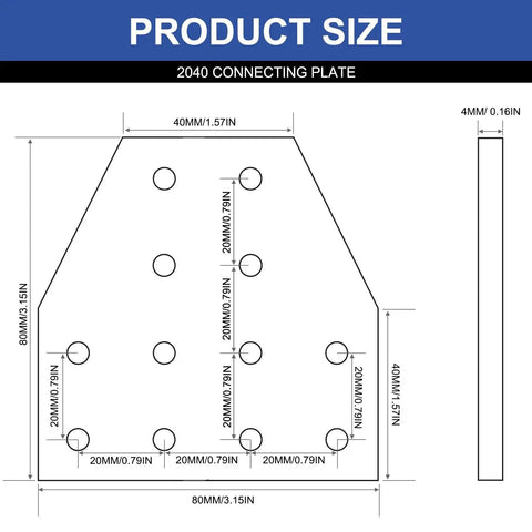 Diagram of Eight Piece 2040 Corner Bracket T Shaped 12 Hole Connector For Aluminum Extrusion Hardware Black Kit dimensions