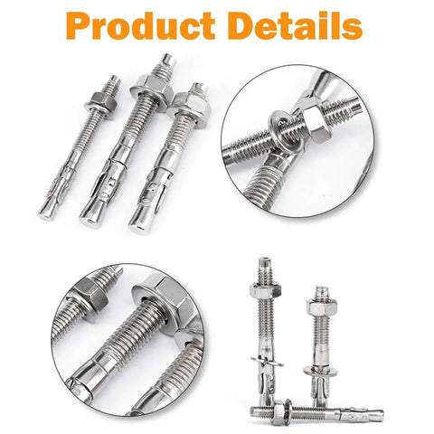 Three Eighths Inch By Three Inch Concrete Anchor Set In 304 Stainless Steel Wedge Anchors With Screws Kit Ten Pieces shown