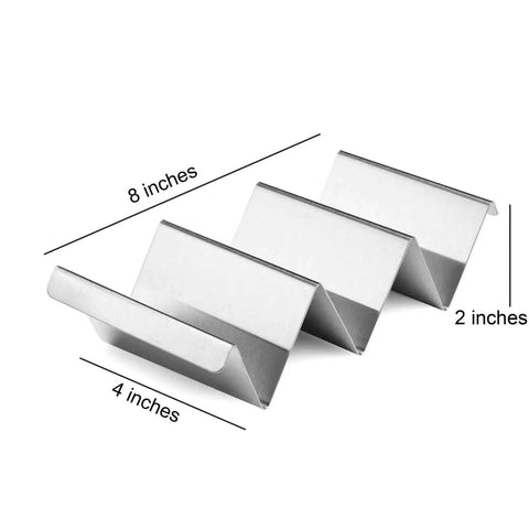 Stainless Steel Taco Holders 4 Pack, Durable Taco Stand Rack Tray Style, Oven Safe, angled view showing measurements