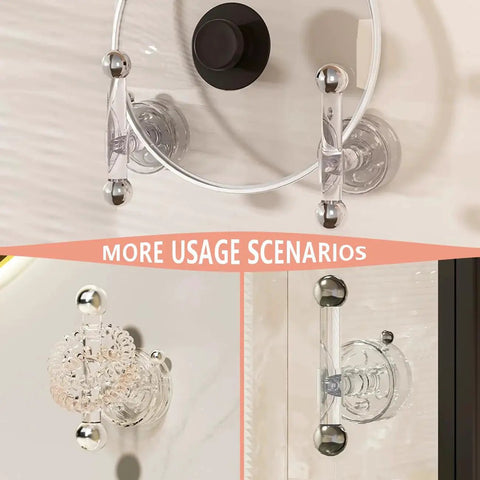 Two Pack Suction Cup Door Handles for glass doors, showcasing installation on various surfaces with transparent and silver materials.