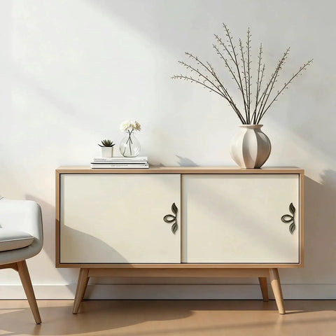 Vintage Style Leaf Drawer Pulls for Cabinets and Dressers in Bronze Finish Premium Zinc Alloy Handles on white sideboard.
