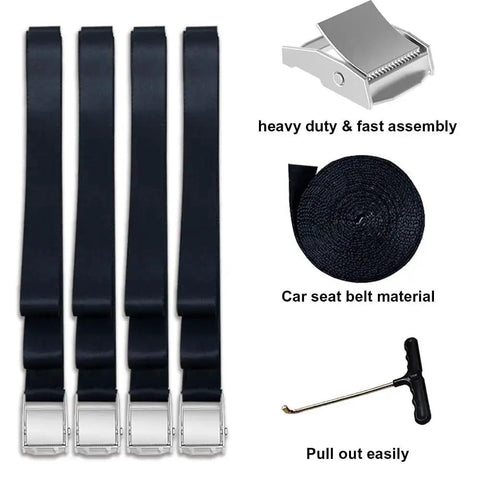 Heavy Duty Trampoline Stakes Anchor Kit with corkscrew stakes, T hook, and bonus black belt straps for outdoor stability and safety.