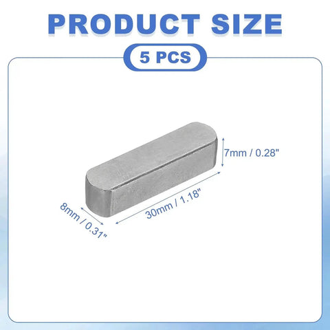 Round Ended Feather Key Set 30x8x7 Mm Carbon Steel 5 Pcs for Parallel Drive Shafts and Fasteners in Mechanical Industry Carbon Black Wear Resistant Shaft Key Stock for Heavy Duty Machinery Maintenance, front view showing size measurements
