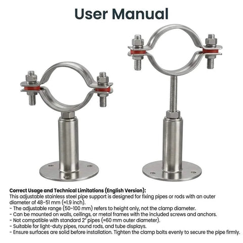 Adjustable Stainless Steel Pipe Wall And Ceiling Mount Bracket For 2 Inch OD Rods And Tubes, built tough 304 stainless