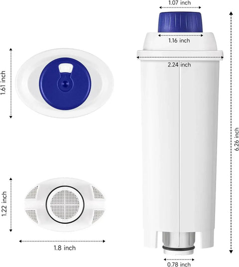 Molifal De'Longhi water filter cartridge, white plastic with blue cap; three-piece set with mesh filter.