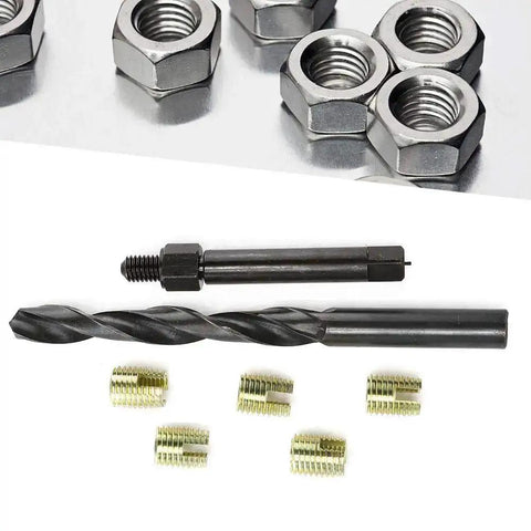 12 Piece M8 X 1.25 Thread Repair Kit With Self Tapping Inserts For Automobiles Rail Cars Home Appliances And Machinery DIY Friendly Durable Easy To Use For Fixing Stripped Threads In Metal Plastic showing drill bit and inserts