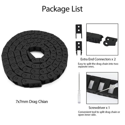 Package of R18 7mm X 7mm Inner Size Black Plastic Cable Drag Chain Bridge Type, includes extra end connectors and screwdriver for CNC Machines.