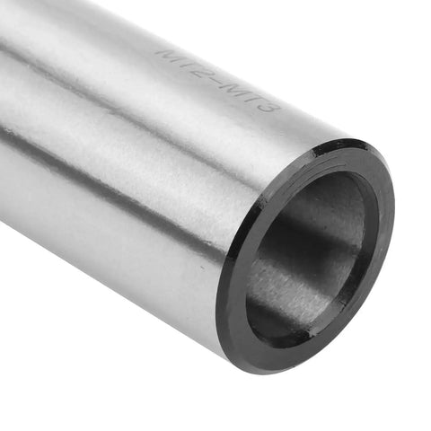 MT2 to MT3 taper drill sleeve adapter, silver metal cylinder with inner bore and MT2-MT3 marking.