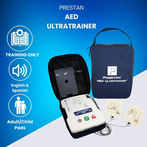 Training AED Ultratrainer for CPR Classes with integrated pad detection, shown with carrying case and reusable pads by Prestan