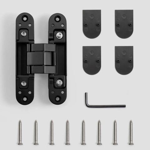 Invisible 5.5 Inch 3 Way Adjustable Concealed Door Hinges Matte Black Zinc Alloy 180 Degree Swing Hidden Butt Hinge For Doors 38mm To 60mm Thick 66 Lb Per Hinge No Fuss Vertical Horizontal And Depth Adjustments No Visible Hardware with included screws and wrench.