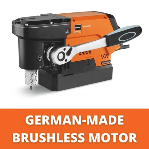 Magforce 90 Magnetic Base Drill With Brushless Motor For Hard To Reach Areas In Metal, 1,200W, side view, HSS cutter visible.