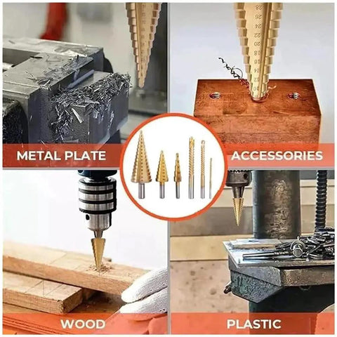 Step Drill Bit Set For Steel And Masonry, 6 Piece Titanium Coated Countersink Drill Bits For Metal Wood And Concrete on display
