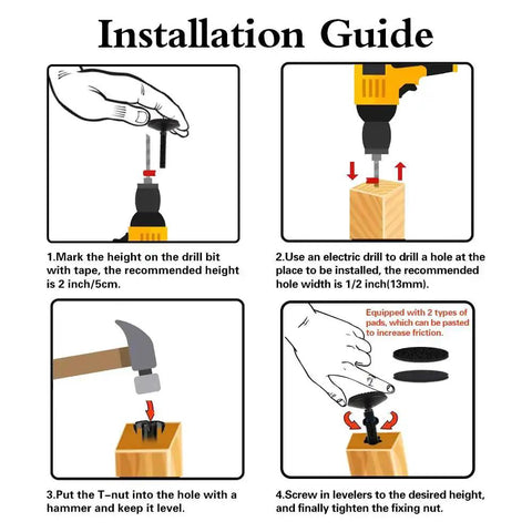 Installation guide for 4 Pack M10 Adjustable Leveling Feet For Cabinets, Tables And Chairs, showing drill, T-nut insertion, and leveling