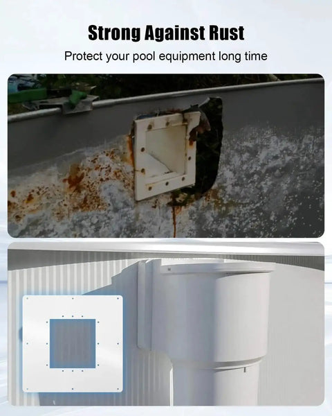 Before and after installation of Upgraded Pool Wall Repair Panel For Above Ground Pools, Stainless Steel Skimmer And Water Return Repair Kit.