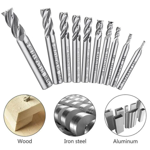 End Mill Set For CNC Routing 10 Pc Sizes From 0.08 Inch To 0.47 Inch 4 Flute HSS Straight Shank Cutter Bits For Wood Aluminum Steel Titanium AFUNTA TiAIN Coated For Heat Resistant Machining, showing various end mill sizes and materials.