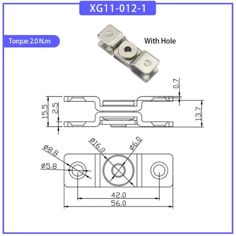 Stainless steel damping torque hinge with mounting holes; front and side views showing 2.0 N·m torque and dimensions.