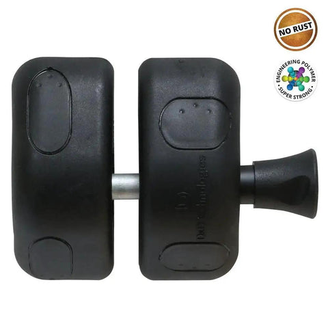 MagnaLatch Side Pull Gate Latch 2-3/4 Inch Adjustable Stainless Steel Components Black Finish For Wood Metal And Vinyl Gates Rust Resistant Non Binding Operation With Side Fix Legs For Easy Horizontal And Vertical Adjustment During And After Installation. Image shows the front view of the gate latch.