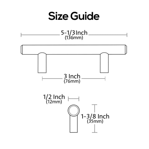 Size guide for 10 Pack Black Nickel Cabinet Pulls With 3 Inch Hole Centers T Bar Knurled Handles For Cabinets AL3015AS