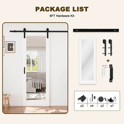 Space-Saving Barn Door With White Primed Glass Mirror Panel And Solid Wood Frame, Dual-Purpose Full-Length Dressing Mirror With Half-Frosted Glass For Privacy And Light Diffusion, Installation Hardware Included, 28 By 80 Inches front view with hardware