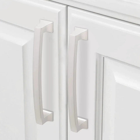 10 Pack 5 Inch Brushed Satin Nickel Cabinet Handles for kitchen cabinets installed on white cabinet doors