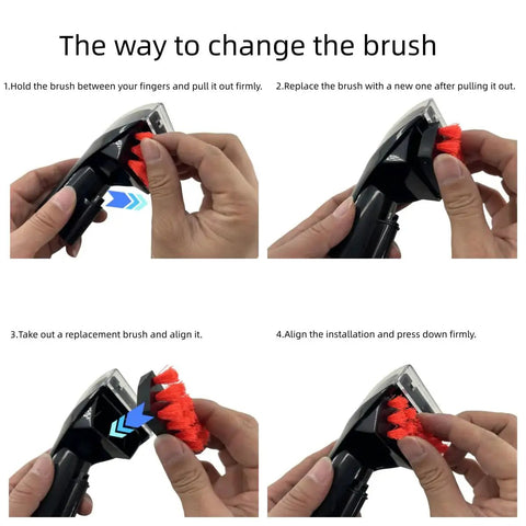 Close-up of replacement brush head for Bissell Little Green Machine; black housing with red bristles, 3-inch size