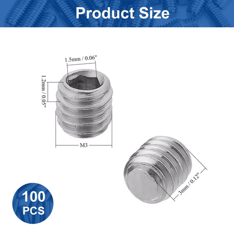 M3 X 3mm Flat Cup Point Set Screws, 304 Stainless Steel, Internal Hex Allen Drive, side view, product size, 100 pcs