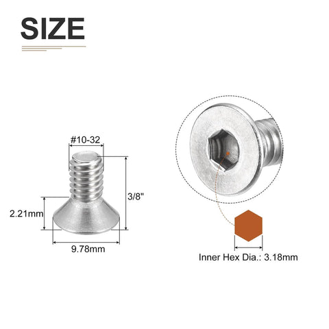Illustration of Twenty Piece Set Of Ten By Thirty Two Thread Per Inch Three Eighths Inch Flat Head Socket Cap Screws In 304 Stainless Steel