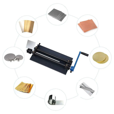 Sheet Metal Bead Roller Machine With 12 Inch Gear Drive Bench, 6 Dies Set, Manual Crank, showing various metal sheets.