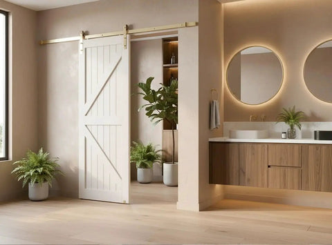 Interior view with gold barn door hardware kit for sliding doors, modern brushed brass finish, 6 ft 7 in track, installed