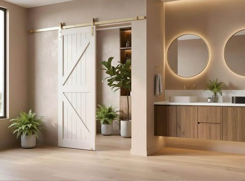 Light Gold Brushed Brass Smooth Sliding Barn Door Hardware Kit For Two Doors On A 13 Ft Adjustable Track Aluminum Rail System