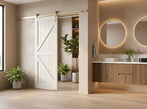 All In One Adjustable Gold Barn Door Hardware Kit For A 6 Foot 7 Inch Track Modern Sliding Door System installed in a bathroom