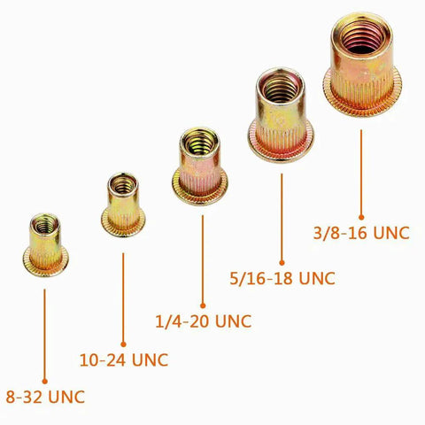 1/4-20 UNC Rivet Nut Threaded Insert Nut Flat Head Knurled Carbon Steel 100 Pack shown among different sizes