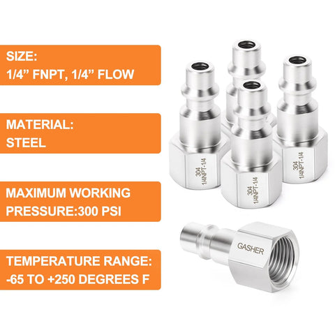 GASHER 5-pack stainless steel 1/4-Inch NPT female pneumatic fittings with high-flow plugs
