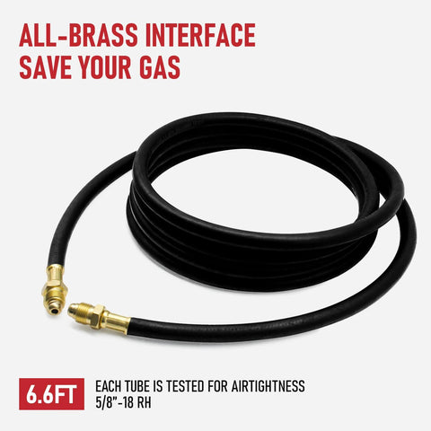 Gas welding hose, 6.6 ft, black rubber with all-brass fittings, 5/8-18 RH