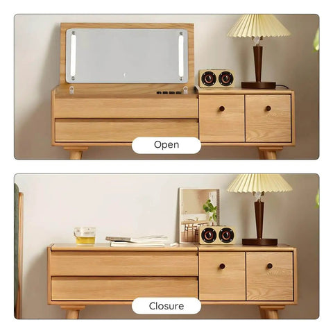 Lid Stay Torsion Soft Close Hinges on vanity desk with flip-top mirrors, concealed in open and closed positions, zinc alloy material.