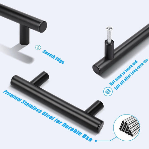 6 Pack Black T Bar Drawer Pulls, 4 Inch Overall, 2-1/2 Inch Hole Center, Stainless Steel, close-up showing design and durability
