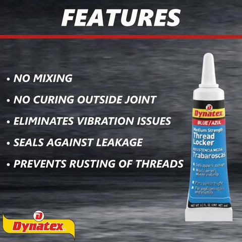Blue Medium Strength Thread Locker For Metal Fasteners, 0.20 Oz Bottle features list displayed on screen.