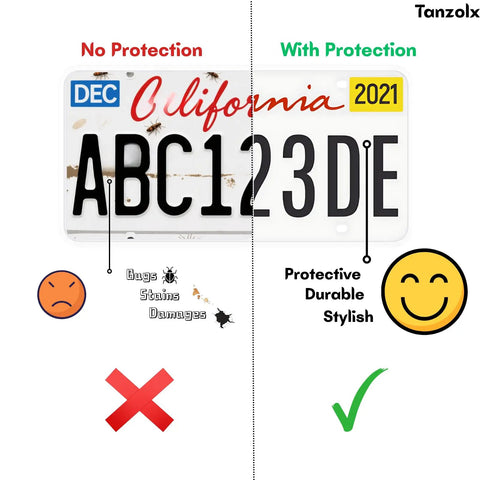 Comparison of California license plate with and without Two Pack Clear License Plate Covers Unbreakable Bubble Shield For US And Canada Cars Street Legal And Universal Fit With UV Protection Heavy Duty Protector Includes Screws.
