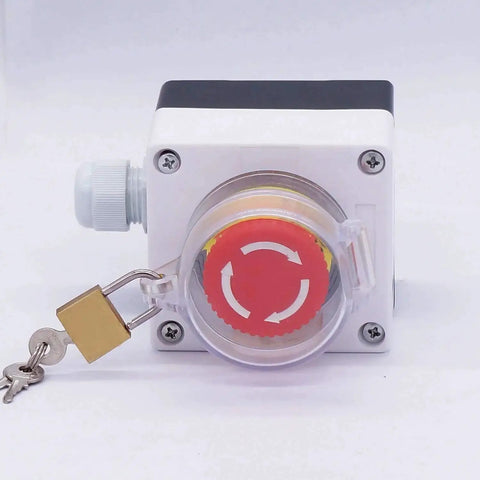 22mm Emergency Stop Push Button Switch With Red Mushroom Latching Design Station Box Cover 2 NC 10A 440V Key Lock Stop