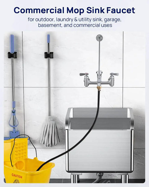 Heavy Duty Wall Mount Mop Sink Faucet With Vacuum Breaker Eight Inch Center Three Quarter Inch Hose Thread Commercial Spigot