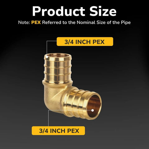 10 Pack PEX Three Quarter Inch Brass 90 Degree Crimp Elbows NSF UPC Certified, close-up view showing size labeling