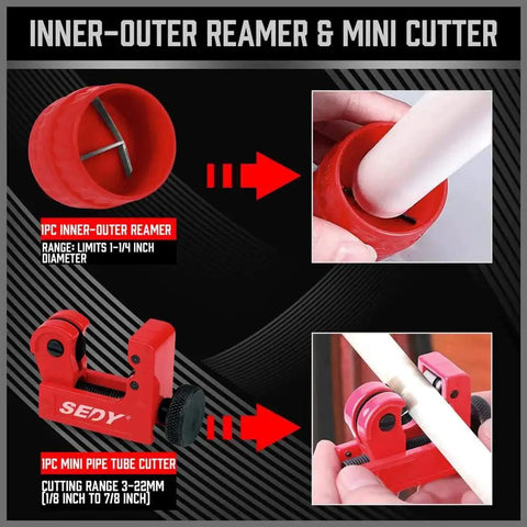 Heavy Duty Tube Cutter Set With Six Bearing System And Deburring Tool For Copper, Aluminum, And PVC Pipes 3/16 To 2 Inch OD Cutter Mini 1/8 To 7/8 Inch Tube Cutter Precision Cutting For Pros showing inner-outer reamer and mini cutter details.