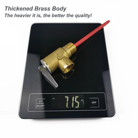 Brass safety relief valve with lever and red tubing, 1/2 inch NPT threaded, for electric tank water heater.